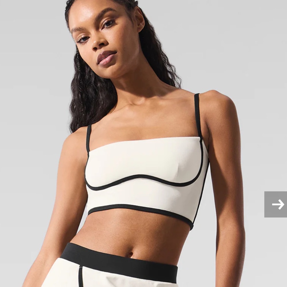 ALO Yoga Cream and Black Bandeau Crop Top